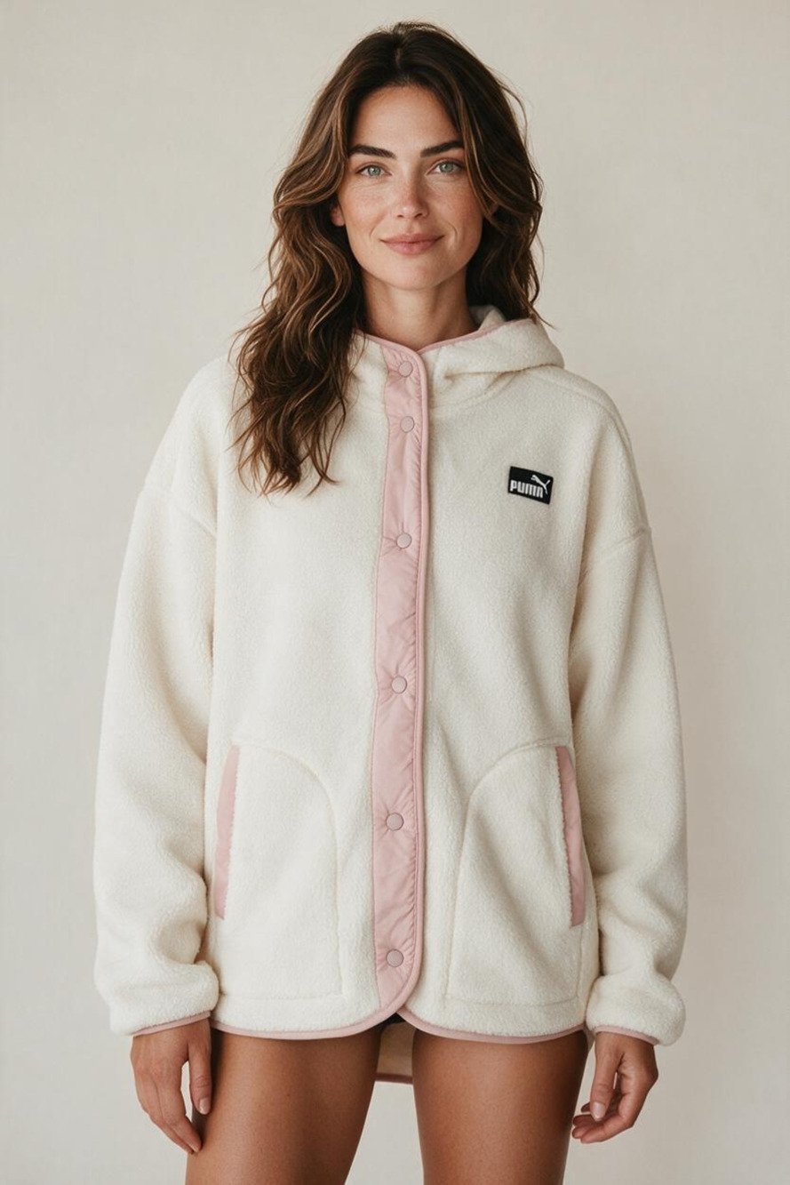 Puma Hooded Sherpa Fleece Jacket Size XL Ivory Pink Snap Button